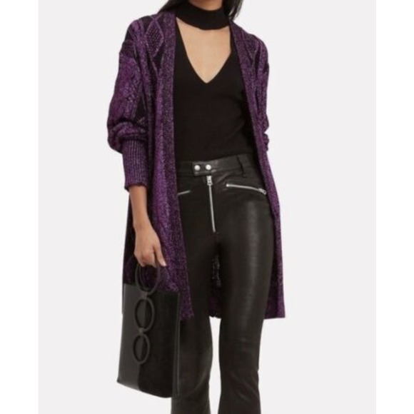 RtA Purple Metallic Distressed Cableknit Cardigan Sweater Size Medium Preowned - Picture 1 of 9